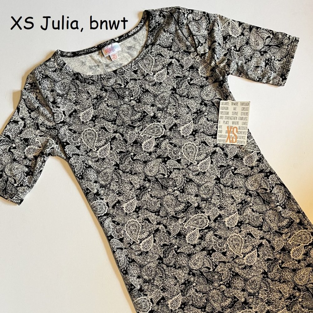 XS Lularoe Julia sheath dress, black with white lace paisleys